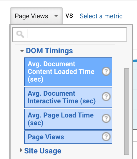 Google Analytics screenshot showing the list of timers: dom content loaded, dom interactive and page load time