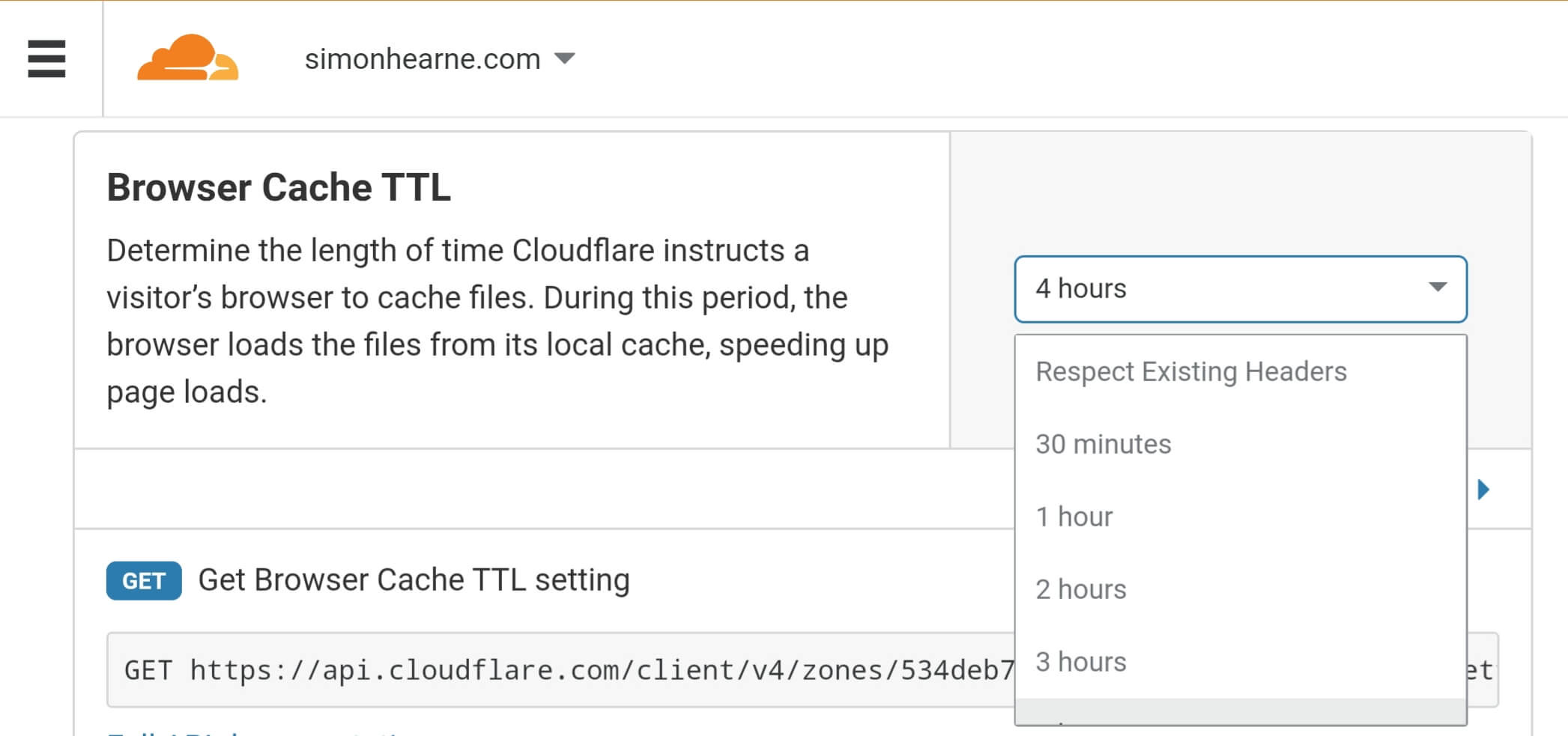 Screenshot of CloudFlare UI to configure cache durations