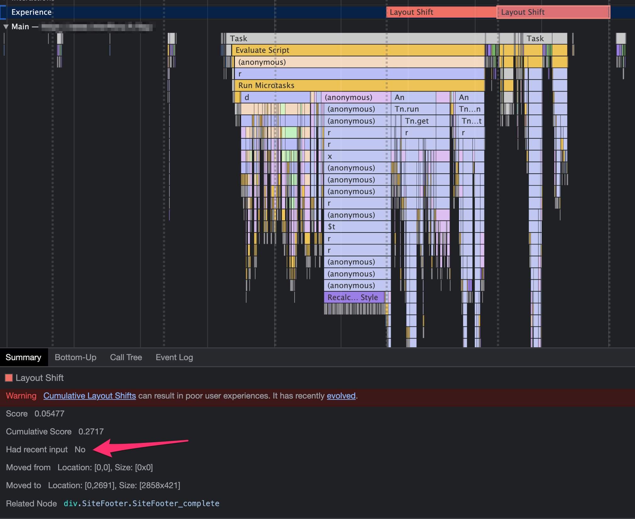 screenshot of chrome developer tools showing an unexpected layout shift during a route change