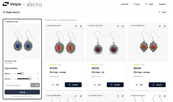 product search demo with sliders adjusting blue and red stone features on an earring embedding