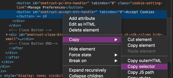 Right-click context menu in developer tools showing copy selector option
