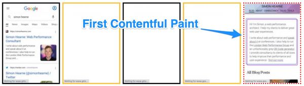Web Page Test filmstrip showing a gap of blank screen before first contentful paint