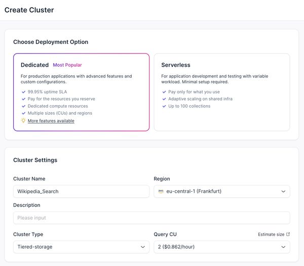 screenshot zilliz cloud cluster creation screen