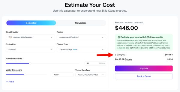 screenshot zilliz cloud pricing calculator