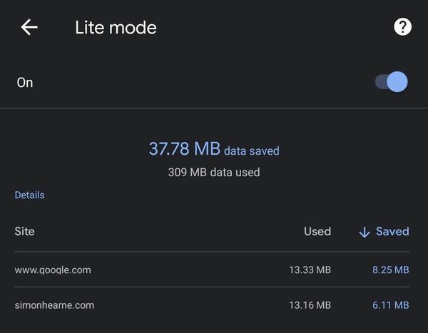 screenshot of lite mode settings claiming it has saved 38MB out of 310MB downloaded