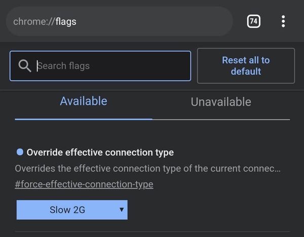 screenshot of chrome flags option for connection type set to slow 3G