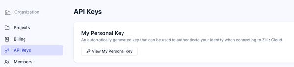 screenshot zilliz cloud generate api key