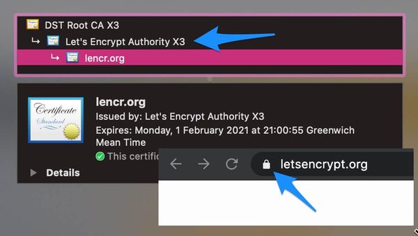 screenshot of certificate information screen accessed from browser address bar, showing a let's encrypt authority