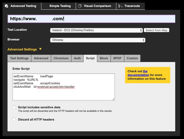 screenshot of adding a custom script to web page test