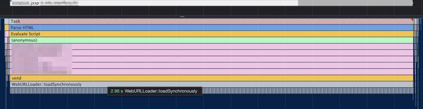 screenshot of chrome timeline showing a three second long task due to a synchronous XHR