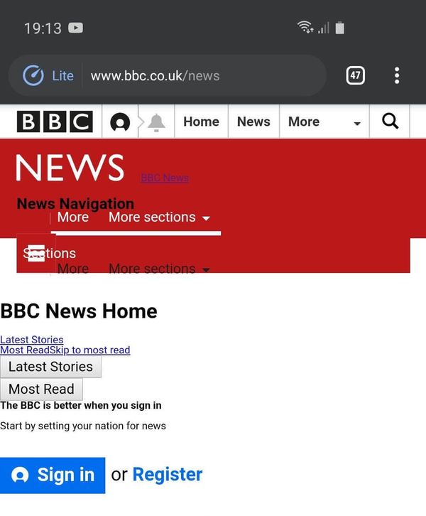 screenshot of bbc loading with an odd layout in lite mode